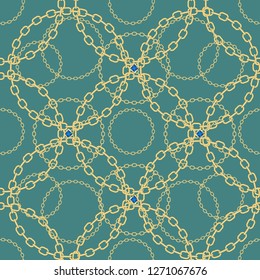 Golden chains on blue background seamless pattern. eps10