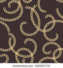 Golden chains on dark background. Seamless pattern with precious metal jewelry. Vector cartoon illustration.