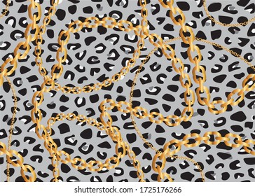 Golden Chains on Leopard Background, Seamless Pattern