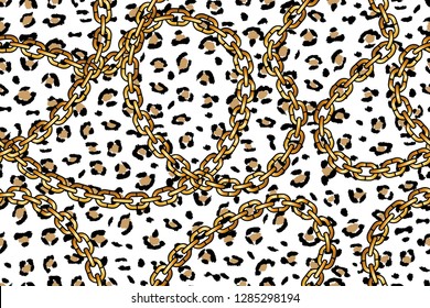 Golden Chains on Leopard Skin, Seamless Pattern