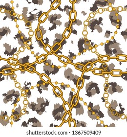 Golden Chains on Leopard Skin pattern.  Baroque print with chains, straps and brushes. Vintage textile collection. 