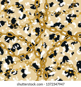 Golden Chains on Leopard Skin pattern.  Baroque print with chains, straps and brushes. Vintage textile collection. 