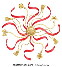 Golden chains with pendants and red ribbons seamless pattern on white background. Fashion luxury gold and animal background with jewelry for textile prints, wallpapers, wrapping, silk shawls, tiles.