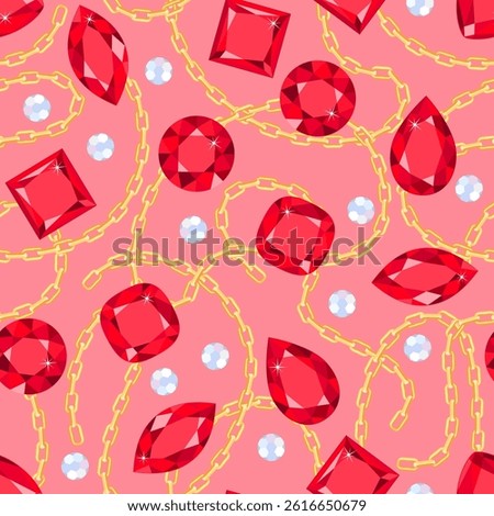 Golden chains and red gems on pink background. Seamless pattern with jewels. Vector cartoon flat illustration.