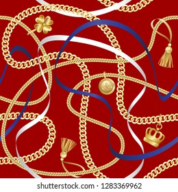 Golden chains and ribbons seamless pattern on red background. Fashion luxury gold background with jewelry for textile prints, wallpapers, wrapping, silk shawls.