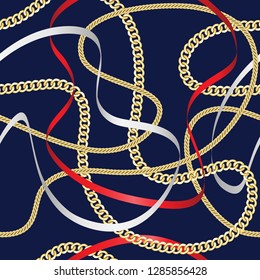 Golden chains and ribbons seamless pattern on blue background. Fashion luxury gold bakcground with jewelry for textile prints, wallpapers, wrapping, silk shawls.