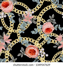 Golden chains round seamless pattern with flowers on black background. Fashion luxury gold and floral background with jewelry pendants for textile prints, wallpapers, wrapping, silk shawls.