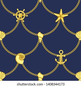 Golden Chains and Sea Objects Seamless Pattern.