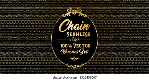 Golden chains seamless brushes. Horizontal bracelets on Black Background. Jewellery Banner with Oval frame, sketch drawing. Fashion jewelry outline. Gold Vector Collection of different chains