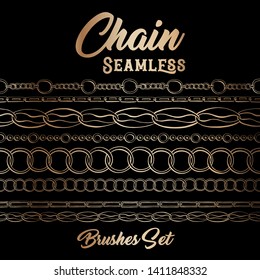 Golden chains seamless brushes. Horizontal bracelets on Black Background. Jewellery Banner with Oval frame, sketch drawing. Fashion jewelry outline. Gold Vector Collection of different chains