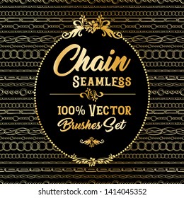 Golden chains seamless brushes. Horizontal bracelets on Black Background. Jewellery Banner with Oval frame, sketch drawing. Fashion jewelry outline. Gold Vector Collection of different chains