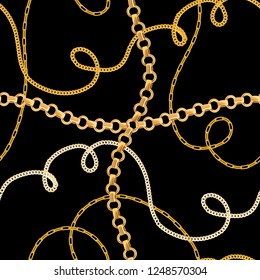 Golden Chains Seamless Pattern. Fashion Background of Gold Links. Fabric Design with Jewelry Chain for Textile, Wallpaper. Vector illustration