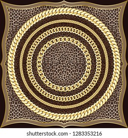 Golden Chains Seamless Pattern on Leopard Background.