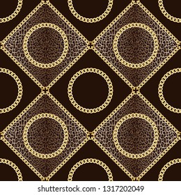 Golden Chains Seamless Pattern on Leopard Background.