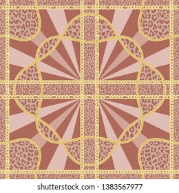Golden Chains Seamless Pattern on Leopard Background.