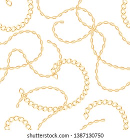 golden chains seamless pattern on white background. Vector illustration of metal jewelry in cartoon flat style.