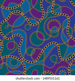Golden chains seamless pattern on a dark purple, turquoise and blue patchwork background. Baroque silk textile print, Batik fashion ornament, wallpaper, wrapping paper