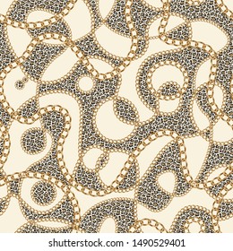 Golden chains seamless pattern on a beige and leopard skin patchwork background. Baroque silk textile print, Batik fashion ornament, wallpaper, wrapping paper