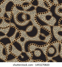 Golden chains seamless pattern on a black and leopard skin patchwork background. Baroque silk textile print, Batik fashion ornament, wallpaper, wrapping paper