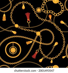 Golden chains seamless pattern. Print with chain belt, gold necklace, jewel bracelet with pendant and tassel. Luxury fashion vector. Seamless golden chain pattern, elegance tassel illustration