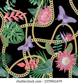 Golden Chains Seamless Pattern with Tropical Flowers.
