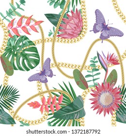 Golden Chains Seamless Pattern with Tropical Flowers.