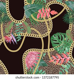 Golden Chains Seamless Pattern with Tropical Flowers and Leopard Print.