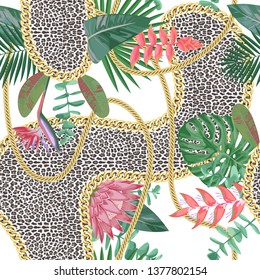Golden Chains Seamless Pattern with Tropical Flowers and Leopard Print.
