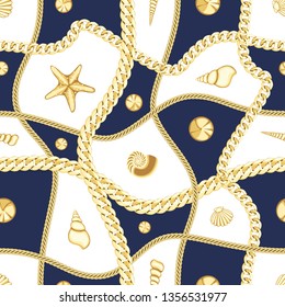 Golden chains and seashell check seamless pattern. Fashion luxury marine gold background with jewelry pendants for textile prints, wallpapers, wrapping, silk shawls.