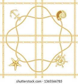 Golden chains and seashell check seamless pattern. Fashion luxury marine gold background with jewelry pendants for textile prints, wallpapers, wrapping, silk shawls.