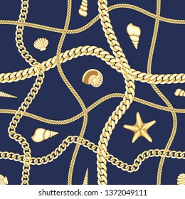 Golden chains and seashell check seamless pattern. Fashion luxury marine gold background with jewelry pendants for textile prints, wallpapers, wrapping, silk shawls.