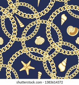 Golden Chains and Seashell Seamless Pattern. Luxury Fashion Print.