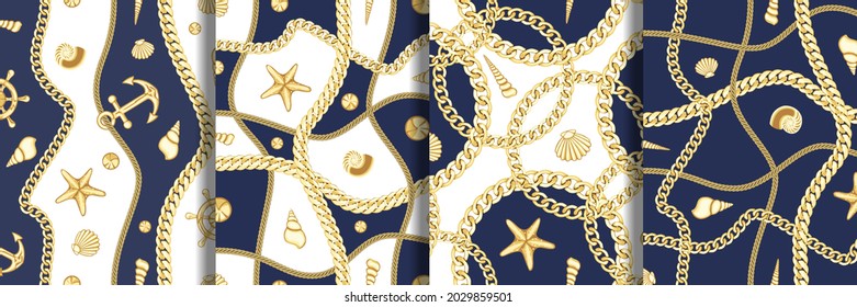 Golden Chains and Seashell Seamless Patterns Set.