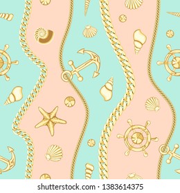 Golden Chains and Seashell Stripe Seamless Pattern.