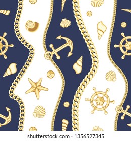 Golden chains and seashell vertical stripe seamless pattern. Fashion luxury marine gold background with jewelry pendants for textile prints, wallpapers, wrapping, silk shawls.