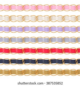 Golden chains set with colorful threaded fabric ribbon vector brush. Good for necklace, bracelet, jewelry accessory design.