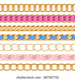 Golden chains set with colorful threaded fabric ribbon vector brush. Good for necklace, bracelet, jewelry accessory design.