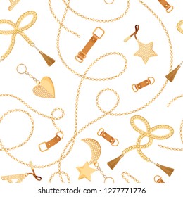 Golden Chains, Straps and Charms with Diamonds Seamless Pattern. Fashion Fabric Background with Gold, Gemstones and Jewelry Elements for Wallpapers, Print. Vector illustration