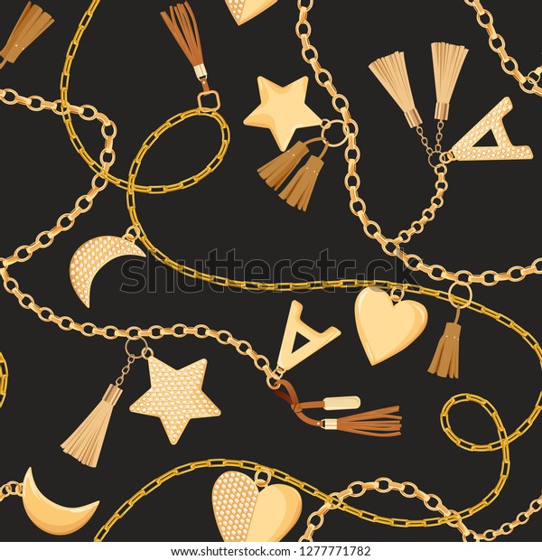 Golden Chains, Straps\
and Charms with Diamonds Seamless Pattern. Fashion Fabric\
Background with Gold, Gemstones and Jewelry Elements for Textile,\
Print. Vector\
illustration