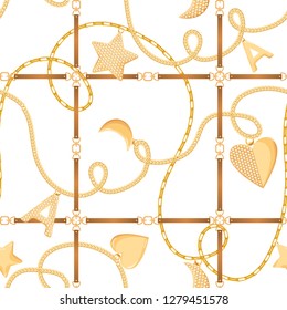 Golden Chains, Straps and Charms Seamless Pattern. Fashion Fabric Background with Gold, Gemstones and Jewelry Elements for Wallpapers, Print. Vector illustration