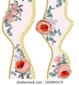 Golden Chains Stripe Seamless Pattern with Flowers.