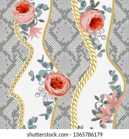 Golden chains stripe seamless pattern with flowers on snake background. Fashion luxury gold, animal and floral background with jewelry pendants for textile prints, wallpapers, wrapping, silk shawls.