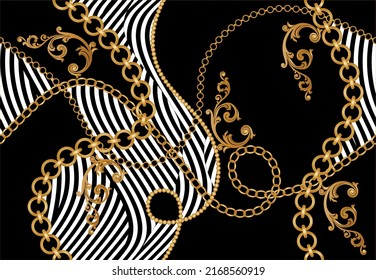 Golden chains with striped pattern on black. Vector Illustration.