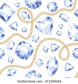 Golden chains and white gemstones seamless pattern on white background. Assorted diamonds vector illustration. Good for cover card banner poster luxury design.