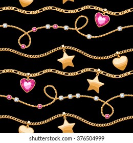 Golden chains white and pink gemstones seamless pattern on black background. Star and heart pendants. Necklace or bracelet illustration. Good for cover card banner luxury design.