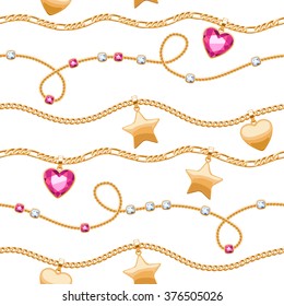 Golden chains white and pink gemstones seamless pattern on white background. Star and heart pendants. Necklace or bracelet illustration. Good for cover card banner luxury design.