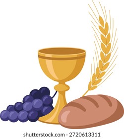 Cáliz dorado con pan de uvas y trigo.