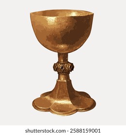 Golden chalice with ornate design. The chalice has a wide bowl and detailed stem. The chalice's gold color and intricate design make it stand out. Vintage art illustration, vector.