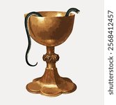 Golden chalice with a snake. The snake coils around the chalice. The chalice is ornate. The snake