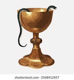 Golden chalice with a snake. The snake coils around the chalice. The chalice is ornate. The snake's head emerges from the chalice.